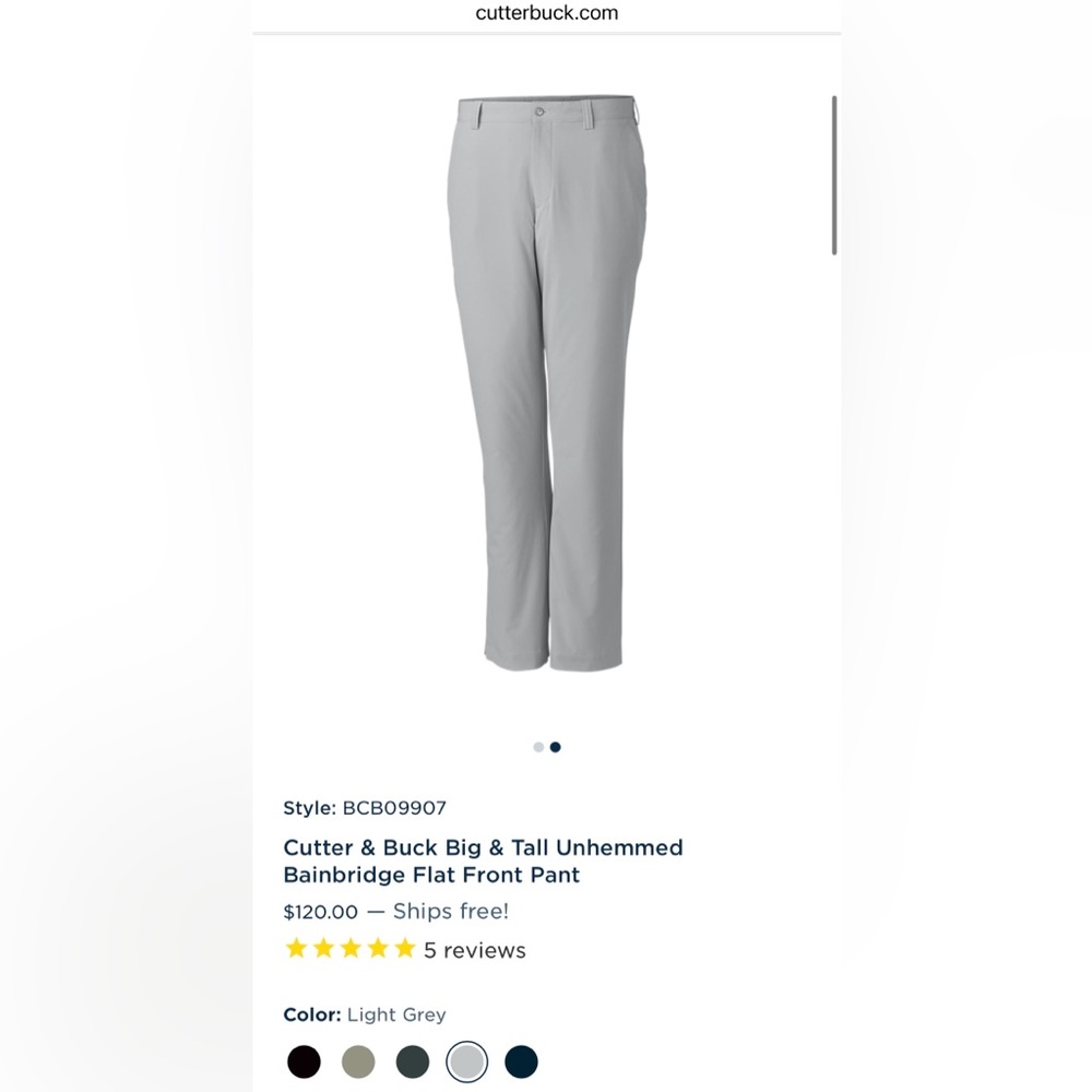 Cutter & Buck Big & Tall Unhemmed Bainbridge Flat Front Pant - Size 44B